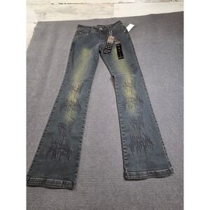 Y.O.Y.O. Flare Jeans Women 5 Dark Blue Rhinestone Sandblasted Stretch YO-4093